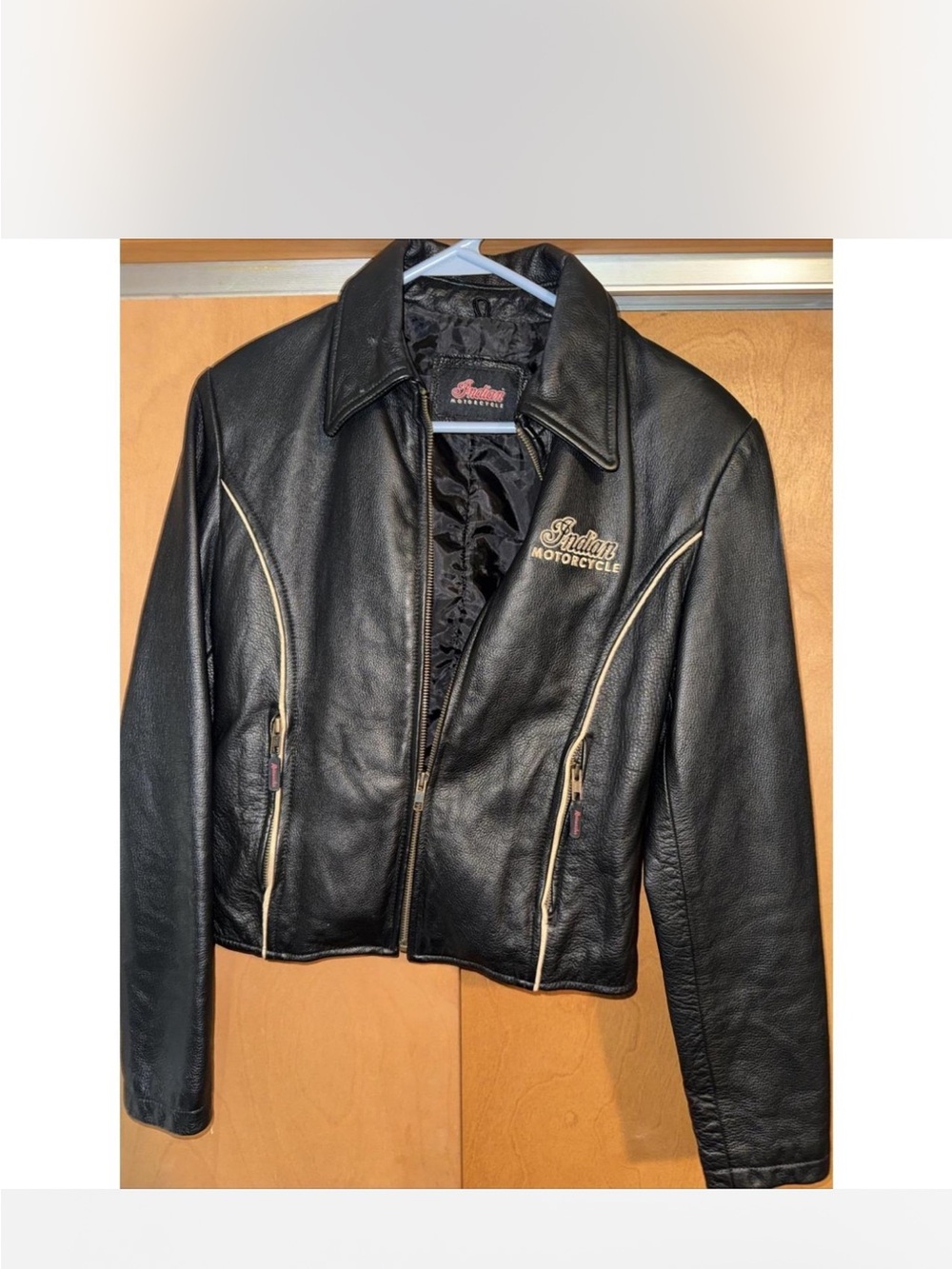 Indian Motorcycle Women's Black Leather Jacket with Cream Piping